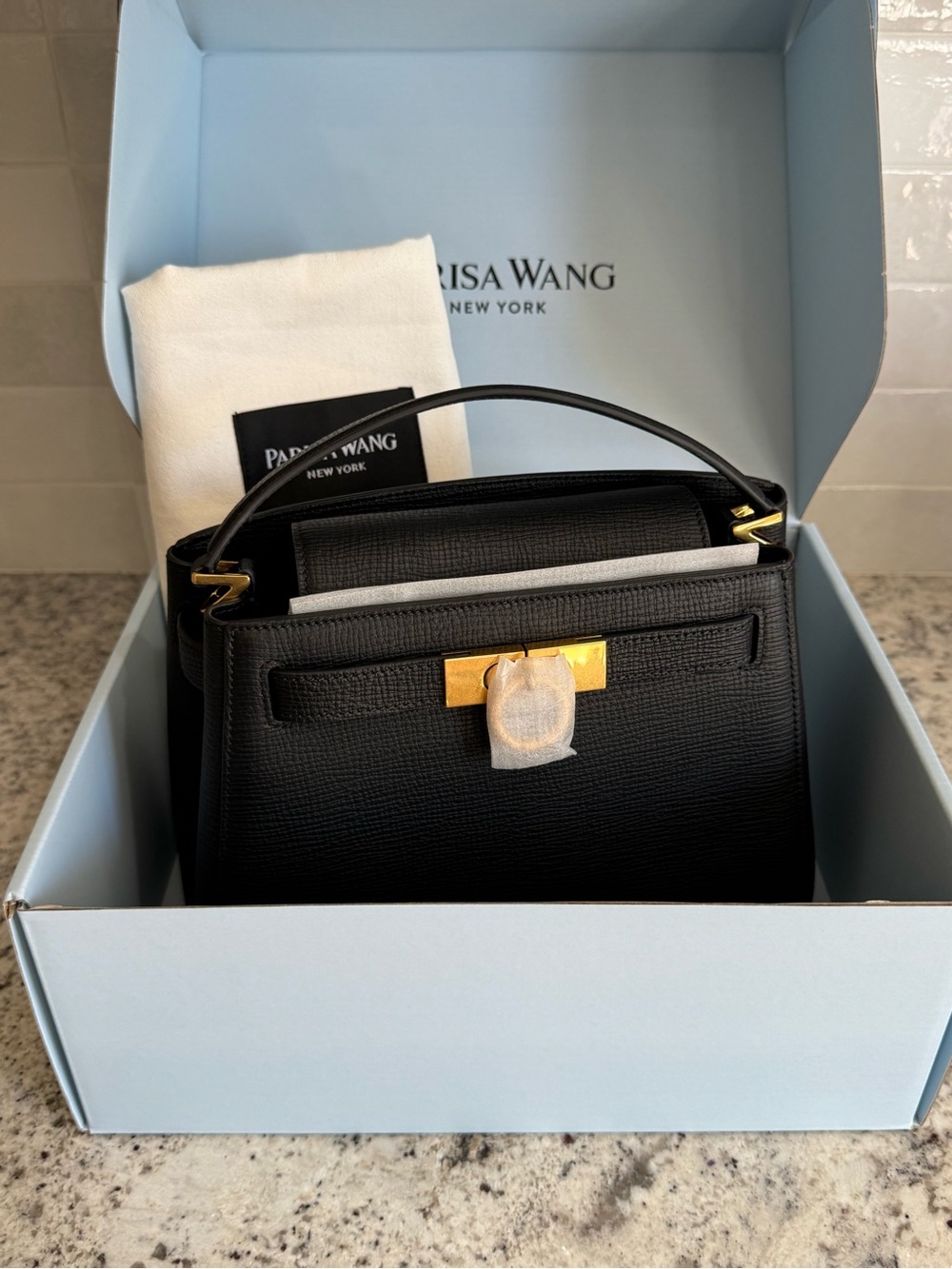 Parisa Wang Medium Madison Black Walrus Texture Leather with Gold Hardware